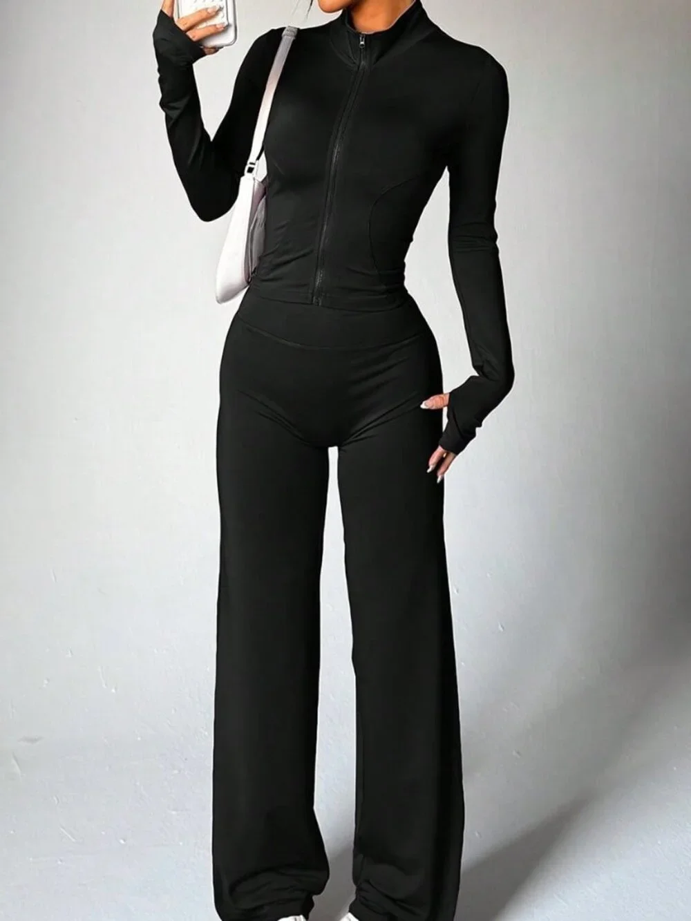 Black Casual Women's Long Sleeve Top + Loose Wide Leg Pants Yoga Outfit Sports